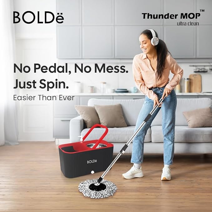Thunder MOP Spin System - Ultra Clean - Single Bucket Microfiber Head, Stainless Steel Wringer, Antifungal Quick-Dry Cleaning, Soap Dispenser, 3 Free Refills (Black/Red)