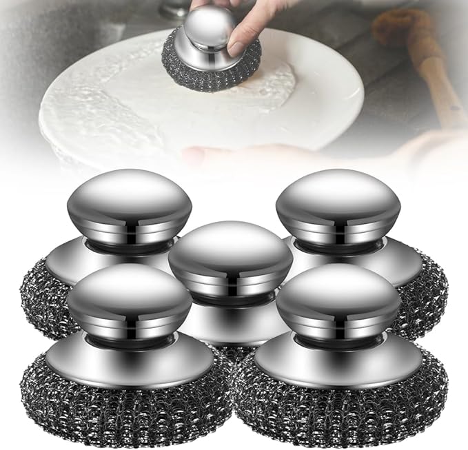 Stainless Steel Wool Scrubber with Handle,2025 New Steel Wool Scrubber with Handle,Replaceable Steel Brush Wool Pads,Detachable Metal Scrubber for Dishes,Iron Pots,Stoves (Scrubber/5pcs)