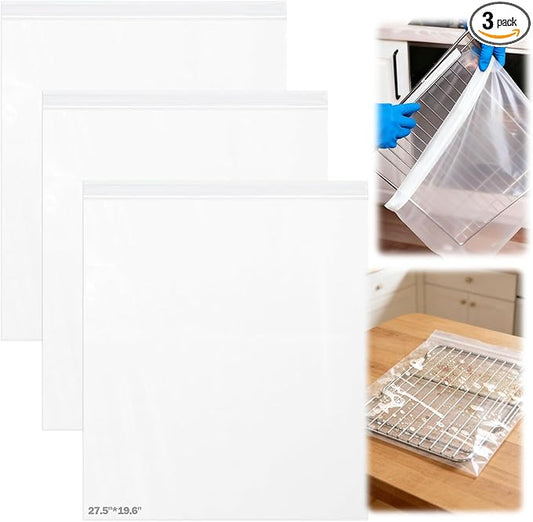 XANGNIER 3 Pack No Scrub Oven Rack Cleaning Bags 27.5*19.6 in,No Cleaner Included,Simple to Use,No Messy Hands Reusable Leakproof Soaking Cleaner Bags for Removable Metal Rack,BBQ Grills,Grill Grate