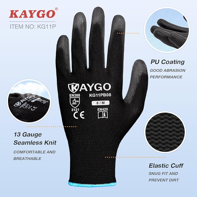 KAYGO Work Gloves for Men and Women,12 Pairs Seamless Knit PU Coated Safety Gloves, with Smooth Grip on Palm and Fingers, Ideal for Light Warehouse, Manufacturing, Gardening, KG11P (XS, Black)