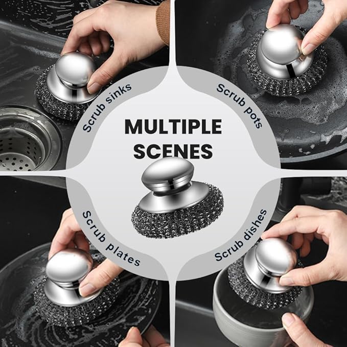 2025 New Stainless Steel Wool Scrubber with Handle, Heavy Duty Scrubber Detachable Metal Steel Scrubber Wool Pads for Cleaning Dishes, Cast Iron Pots, Stoves, Kitchen Sink (3 Pcs)