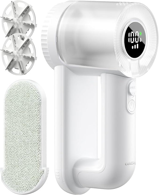 coldSky Fabric Shaver Rechargeable, 2-in-1 Electric Fabric Shaver & Lint Remover, 3-Speed LED Digital Display Sweater Defuzzer for Clothes, Furniture, Couch - Removes Lint, Hairball, Fuzz - White