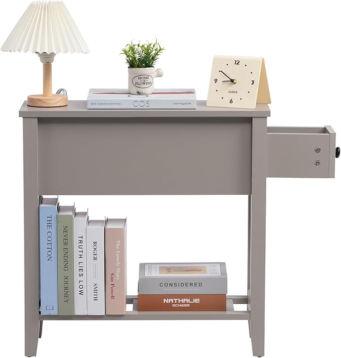 Grey Chairside Narrow End Table, Solid Recliner Side Table with Drawer, Slim Nightstand Bedside Table for Living Room Bedroom