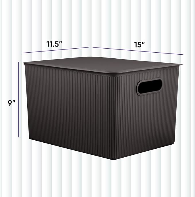 Decorative Plastic Basket Lidded Home Storage Bins Organizer Baskets, X-Large Brown (1 Pack - 22 Liter) Stackable Container Box, for Organizing Closet Storage Bins for Shelves - Ribbed Collection