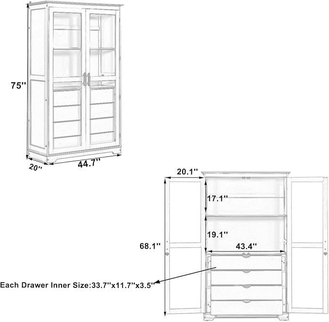 Kitchen Pantry Cabinet 44.7Wx20Dx75H inch, Freestanding Storage Display Cabinets with Glass Doors and 4 Built-in Drawers for Living Room, Home Office,White