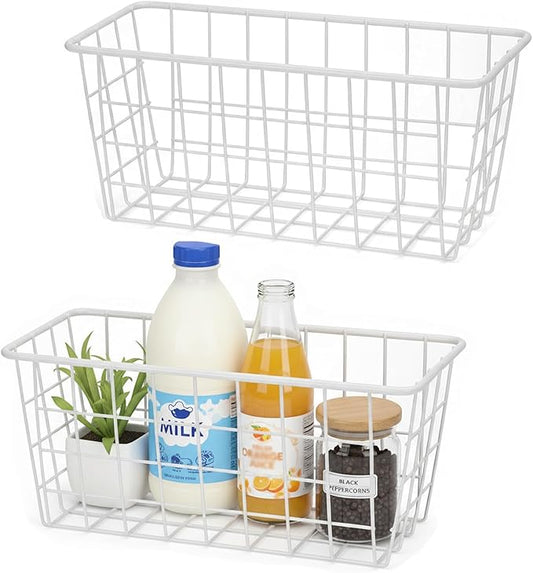 2 Set LeleCAT Hanging Wall Basket Organizer Over the Cabinet Door Adhesive Wire Baskets for Organizing Kitchen Food Pantry Bathroom Shelf Storage No Drilling Wall Mounted,White