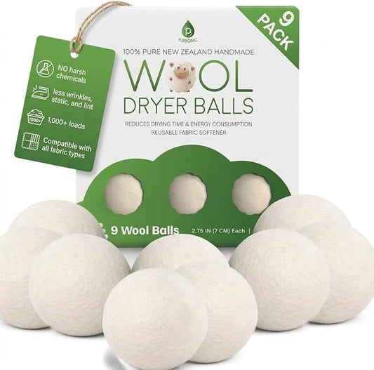 Pursonic Laundry Wool Dryer Balls 9-Pack, XL Size Made with 100% Pure New Zealand Wool - Natural Reusable Fabric Softener Balls for Drying Time & Energy Consumption - Reduces Clothing Wrinkles & Lint