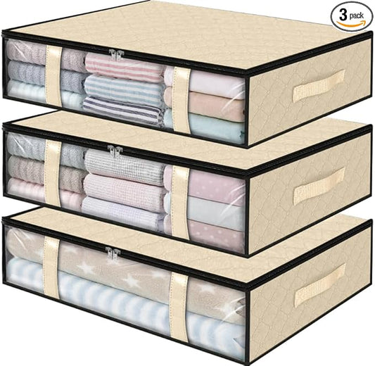 StorageRight Under Bed Storage Bags 3 Pack, 40L Large Clothes & Comforter Storage Containers with Clear Window, Breathable Fabric Organizer for Blankets, Bedding, Seasonal Clothing, Beige
