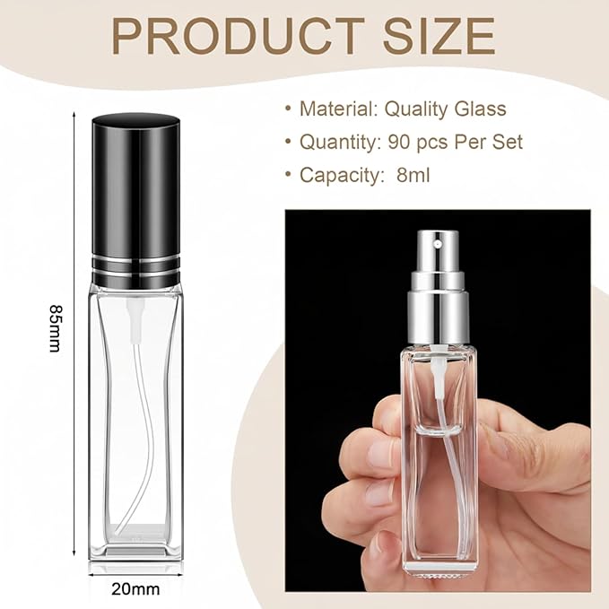 Domensi 90 Pcs 8 ml Empty Glass Perfume Bottles Bulk - Gold,Silver,Black Refillable Cologne Spray Atomizer with Pump, for Travel, Skincare, Haircare, Cleaning & DIY Essentials