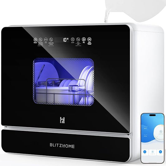 BLITZHOME WiFi Countertop Portable Mini Dishwasher, Smart 9 Programs,167℉ High-Temp, Hot Air Drying, Air Refresh, 360° 3 Spray, 24H Timing, LED Light, 5.2L Built-in Water Tank for Apartments RVs