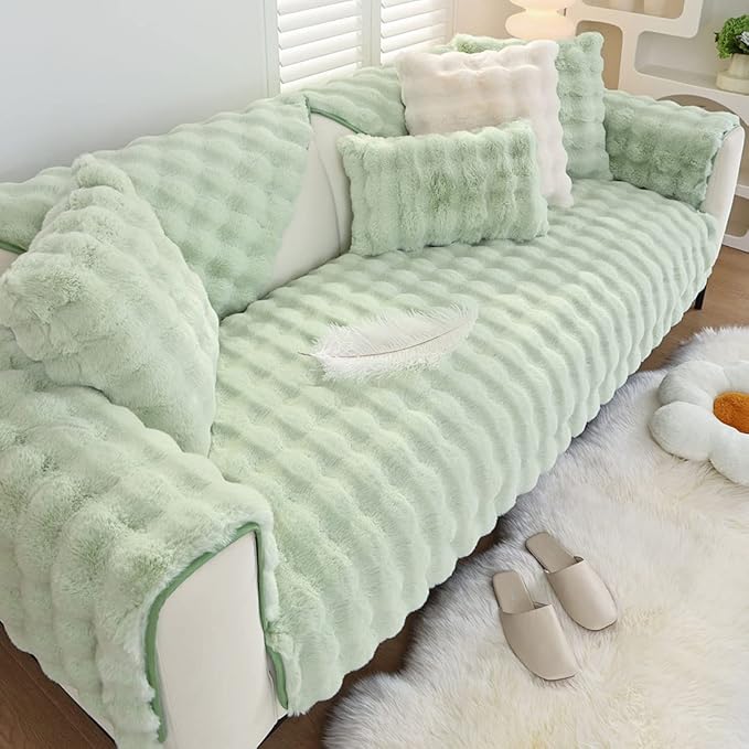Soft Warm Faux Fur Couch Sofa Cover Thick Shaggy Fuzzy Sectional Couch Cover Non-Slip Solid Color Plush Sofa Slipcover Furniture Protector for Kids, Pets (Light Green,36"x94")