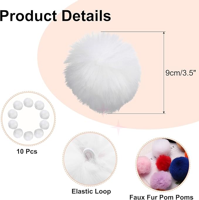 uxcell 3.5 Inch Faux Fur Pom Pom Balls, 10 Pcs White Fluffy Soft Faux Fur Pom Poms for Hats with Elastic Loop for DIY Knitting Hats Keychain Scarves Gloves Bags Shoes Accessories