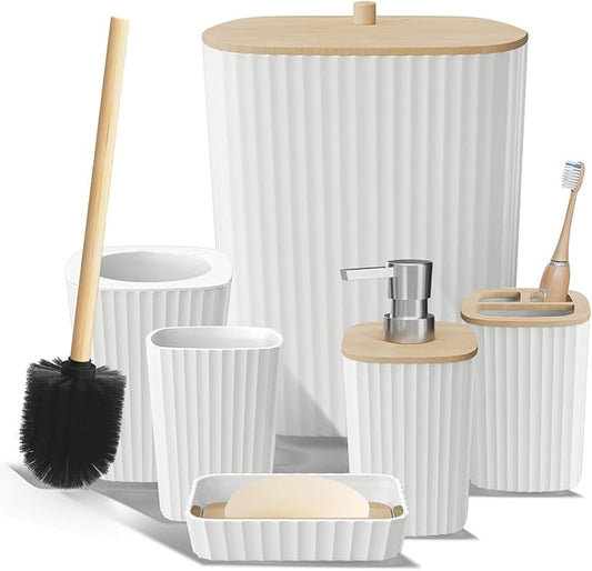 Clara Clark Bathroom Set - White Bathroom Accessories Set, 6PC Bathroom Accessory Set, Bathroom Sets with Toilet Brush, Trash Can & Soap Dispenser