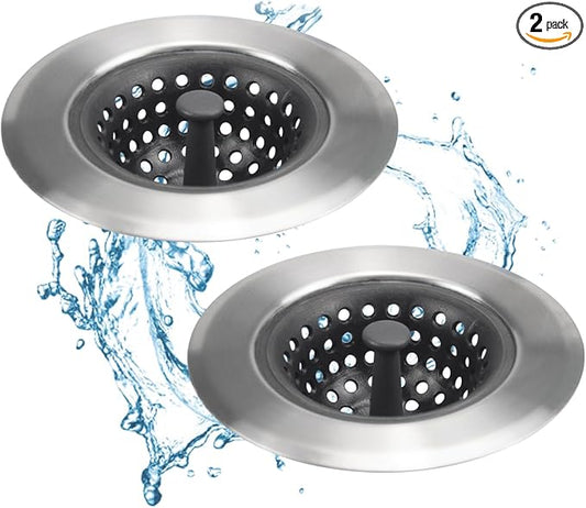Kitchen Set of 2 Sink Strainers, Flexible Silicone Good Grip Kitchen Sink Drainers, Traps Food Debris and Prevents Clogs, Large Wide 4.5’ Diameter Rim (Silver Black)