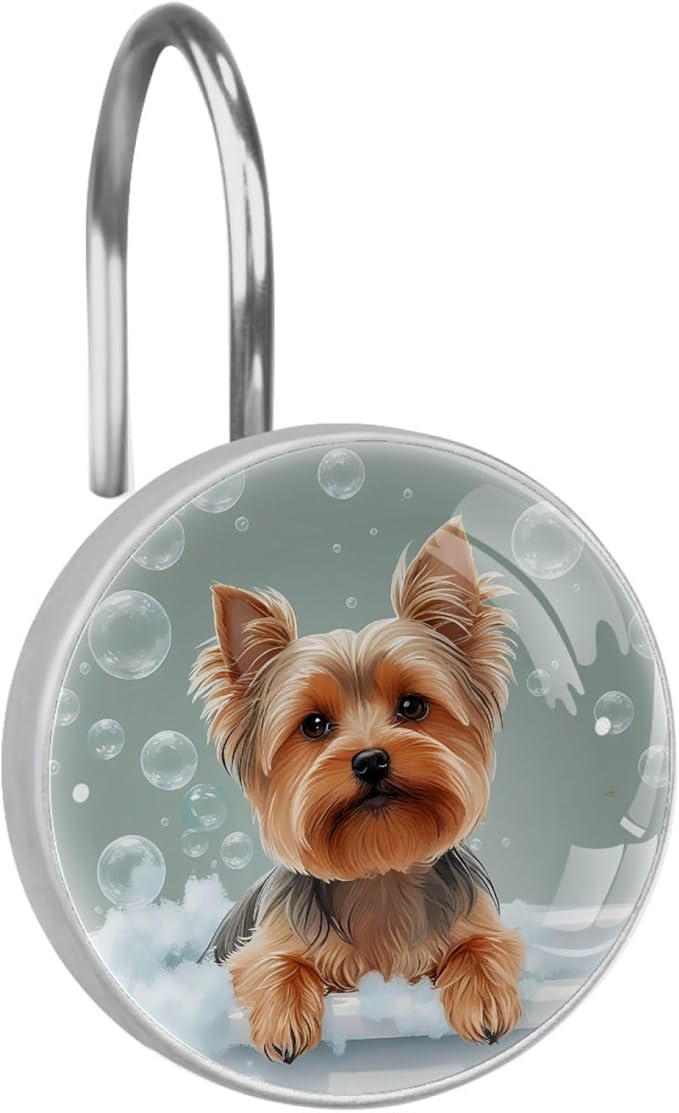 Bathing Dog and Bubbles Shower Curtain Hooks 12Pcs, Decorative Rust Resistant Shower Rings for Shower Curtain Rods, Stainless Steel Round Curtain Hooks for Bathroom, Bedroom, Farmhouse