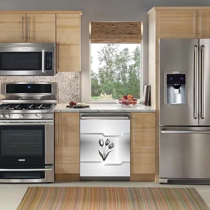 Silver Stainless Steel Effect Dishwasher Magnetic Cover Personalized Metal Flowers Universal Panel Decal for Refrigerator Magnet 23 x 26 Inch Home Kitchen Fridge Magnets