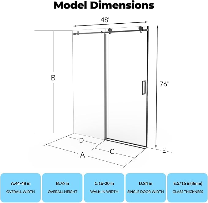 Frameless Shower Doors 44-48" W x 76" H, Sliding Door, 5/16" (8mm) Clear Tempered Glass, Space-Saving Design for Modern Bathrooms