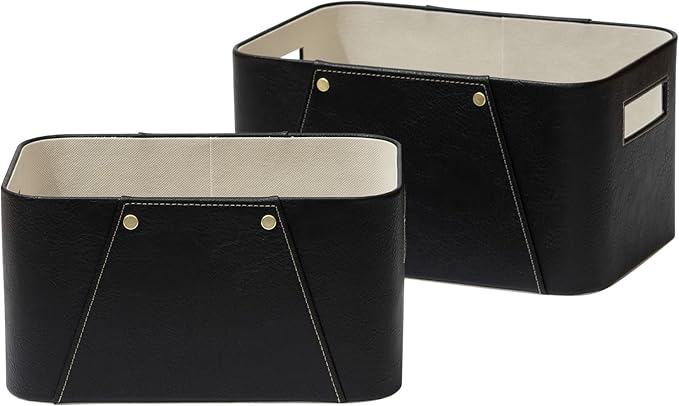 La Jolie Maison Storage Baskets for Organizing, 2 Pack, Luxury Vegan Leather Storage Cube Boxes for Closet Shelf Cabinet Bookcase, Carbon Black