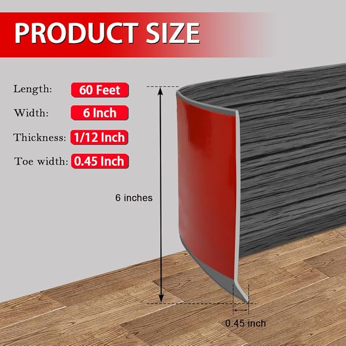Vinyl Wall Base Baseboard Molding Trim 6" Flexible Self Adhesive Rubber Wall Base Moulding Trim Peel and Stick Design, 6 Inch x 60 Feet, Dark Gray Wood