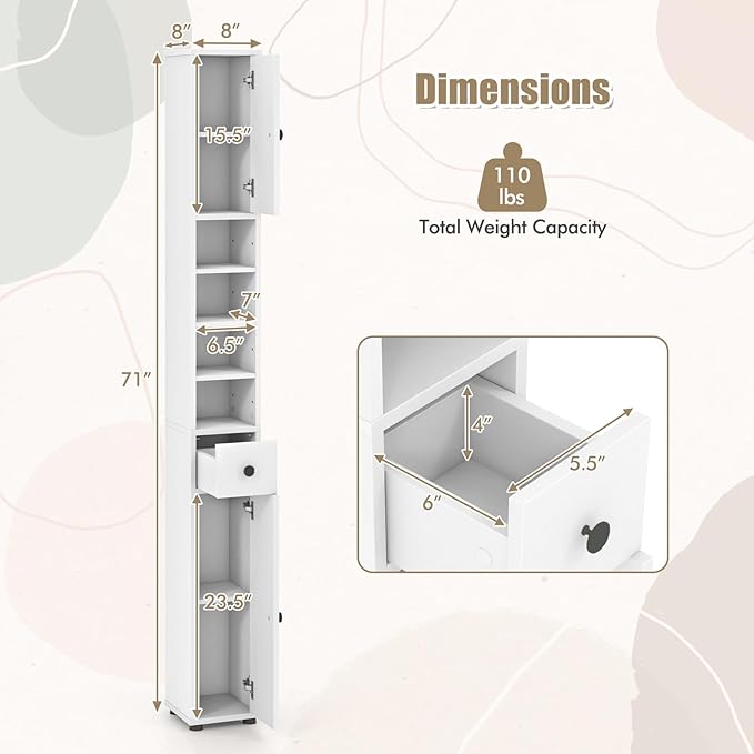 LDAILY 71”Tall Narrow Storage Cabinet, Skinny Bathroom Storage with 1 Drawer, 2 Doors, 5 Adjustable Shelves and Anti-Tipping Device, Wooden Slim Bathroom Cabinet for Office, Kitchen, Small Space