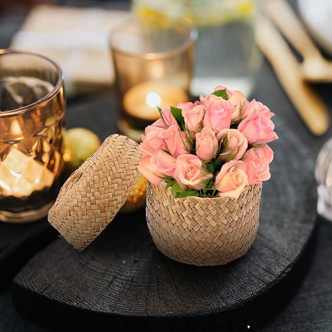 Ciieeo 2Pcs Seagrass Mini Basket with Lid Round Seagrass Storage Basket Handmade Woven Flower Mini Packing Box for Home Shelf Decor Wood Color