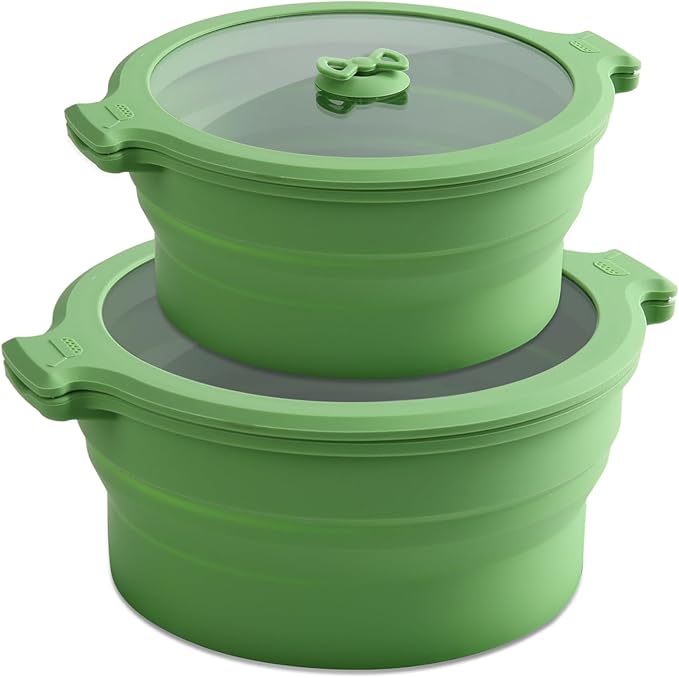 Collapsible Silicone Microwave Cookware Cooker Steamer for Cooking with Lids, 0.8L and 1.4L Glass Food Storage Container Sealed Bowl Mixing Bowls 2pc Set BPA Free