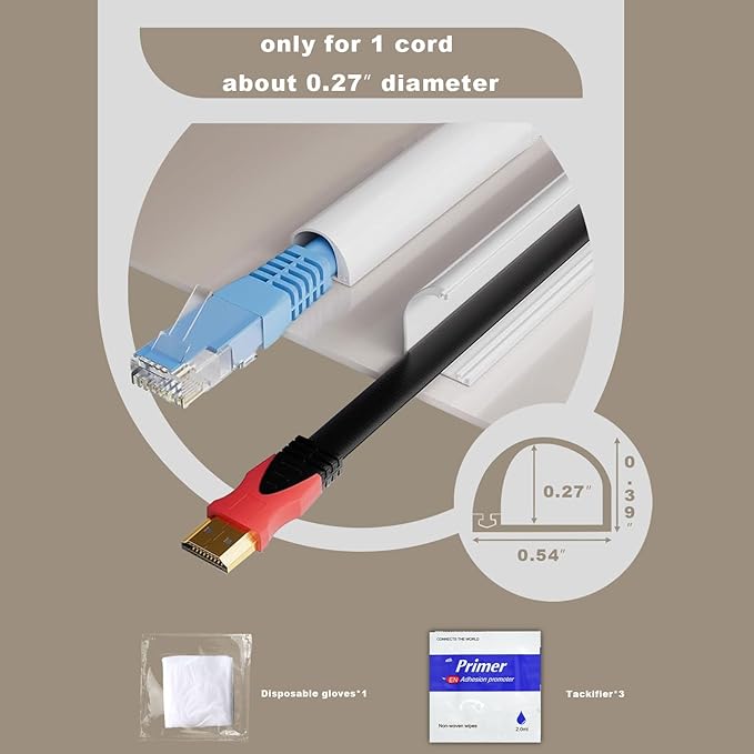 118" Silicone Cord Hider Wall Wall Cord Hider(1/4" Diameter) Cord Organizer Cord Covers Raceway Kit for Wires Hider Cable Management Under Desk W 0.54”× H 0.39”White