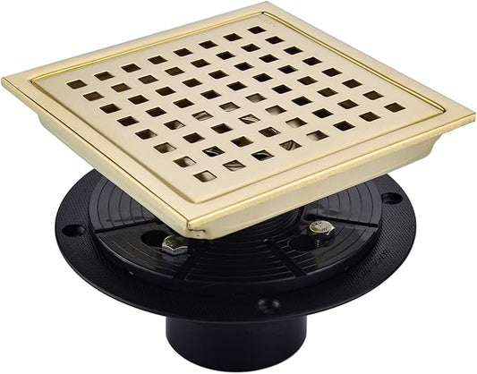 RANDOM Brushed Gold Shower Drain Square 6 Inch Shower Drain Cover Kit with Flange,SUS 304 Stainless Steel Shower Floor Drain with Removable Grid Cover and Hair Strainer