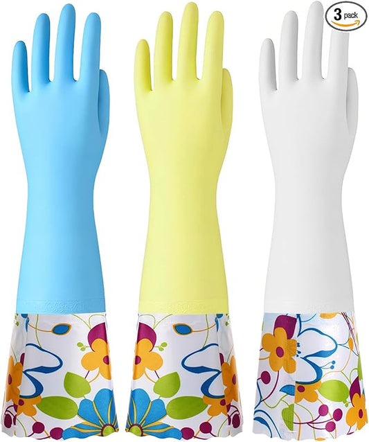 Bamllum 3 Pairs Rubber Cleaning Gloves, Household Kitchen Dishwashing Gloves with Cotton Flocked Liner, Long Cuff 16 Inches (Blue+Yellow+White, Medium)