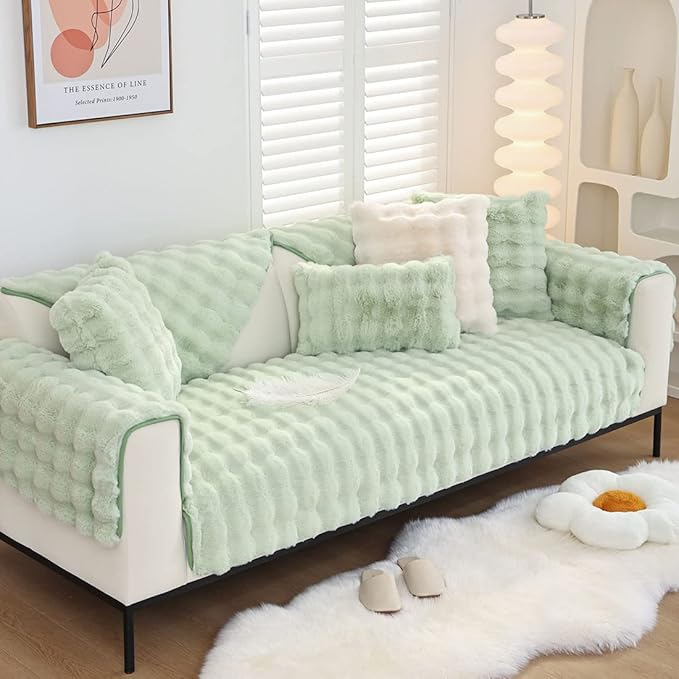 Soft Warm Faux Fur Couch Sofa Cover Thick Shaggy Fuzzy Sectional Couch Cover Non-Slip Solid Color Plush Sofa Slipcover Furniture Protector for Kids, Pets (Light Green,43"x43")