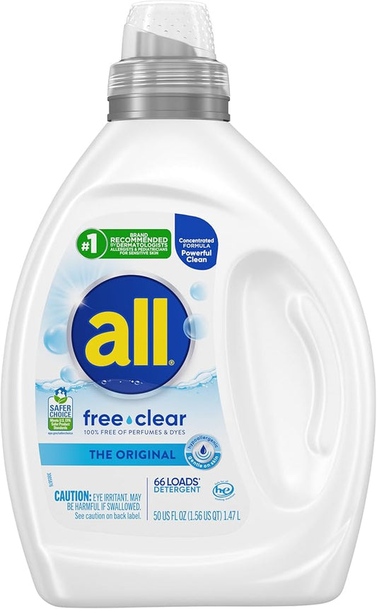 all free clear, Original, Liquid Laundry Detergent for Sensitive Skin, Unscented and Hypoallergenic, Concentrated, 50oz, 66 Loads