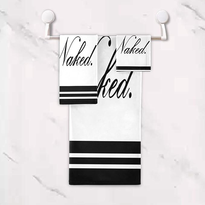 Funny Quotes Get Naked Bath Towels Set,Ultra Soft 3 Piece Black and White Stripes Towels for Bathroom,1 Bath Towel 1 Hand Towel 1 Washcloth,Absorbent Quick Dry Decoractive Bathroom Towels