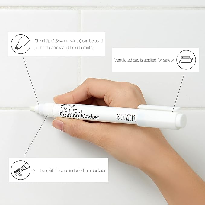 MONAMI Tile Grout Coating Marker 401, Chisel Tip (1.5~4mm), Repair Marker with Replaceable Nib Tips to Restore Grout Lines, Grey, 1 Marker + 2 Extra Tips