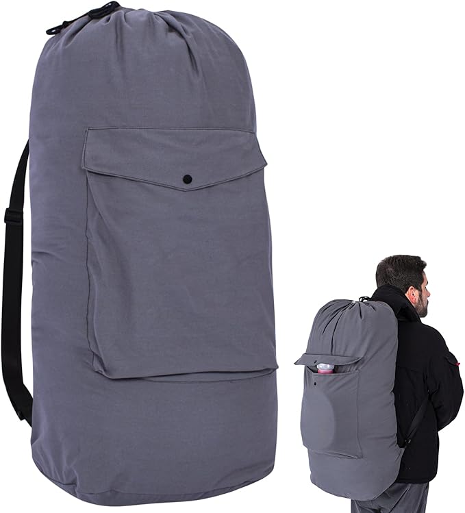 Sanlykate Canvas Backpack Laundry Bag - Extra Large Durable Dirty Clothes 2-3 Days Capacity with Adjustable Shoulder Strap & Front Pocket, for College Dorm, Apartment, Laundromats, Camping Travel