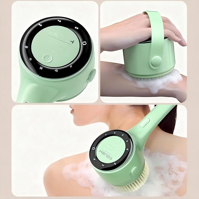 Electric Body Brush Back Scrubber for Shower, Rechargeable Long Handles Bath Brush with 5 Replaceable Heads, 3 Speed Adjustable and Lcd Display Shower Brush for Deep Cleansing, Exfoliating & Massage