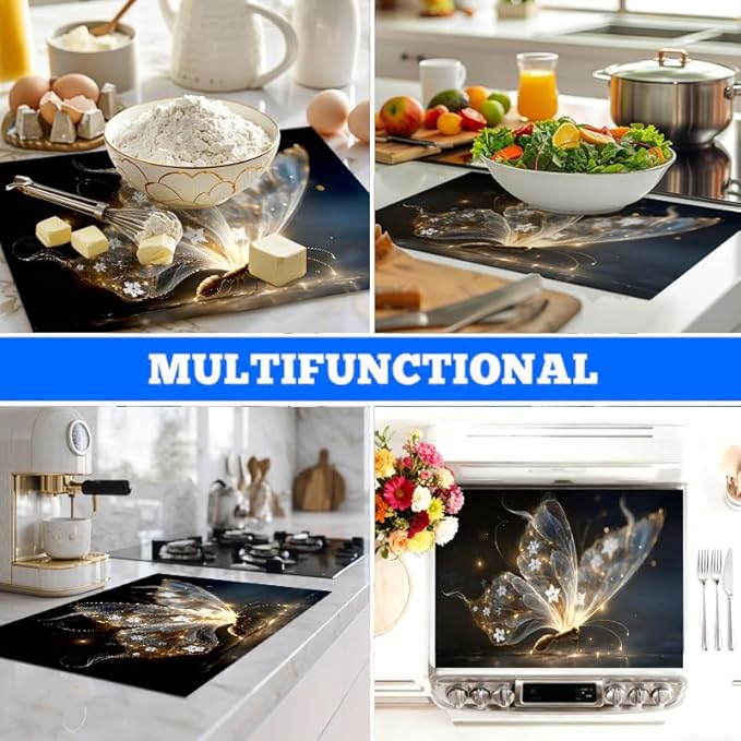 Stove Top Covers for Electric Stove, Waterproof Cooktop Guard, Wipe-Clean Range Shield, Reusable Countertop Pad, 28.3 x 20.5 Inches, Gold Butterfly Kitchen Decor（Smart butterfly）
