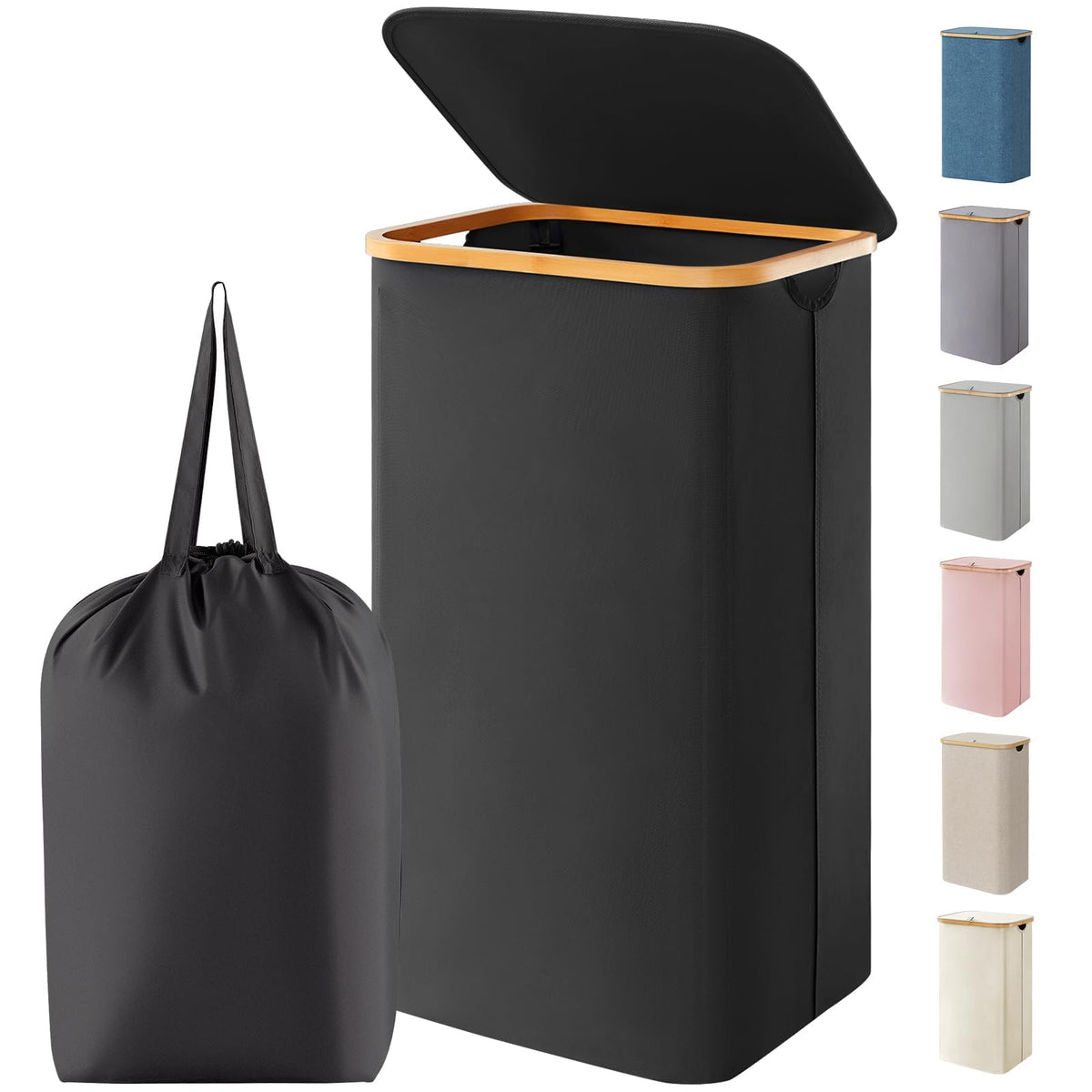 Lifewit 105L Large Laundry Basket with Lid, Removable Bags, Black - Image 1