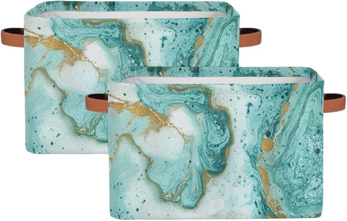 2Pack Turquoise Marble Texture Large Collapsible Storage Bins,Teal Marble Decorative Canvas Fabric Storage Boxes Organizer with Handles,Rectangular Shelves Baskets Box for Home Office Nursery Closet