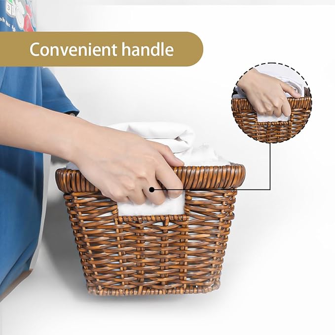 2pcs Wicker Storage Basket for Shelf, Waterproof Large Storage Baskets Bins with Handles, Stackable Rectangle Baskets for Shelves, Closet, Pantry, Laundry Organizing, Toffee