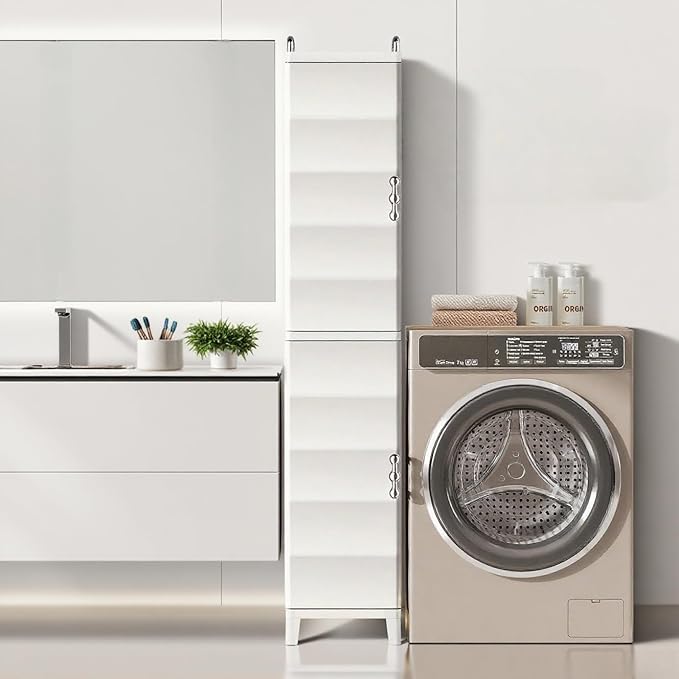 52.76" Tall Narrow Bathroom Storage Cabinet with Doors and Adjustable Shelves Plastic Slim Bathroom Storage Organizers Small Space Saver for Laundry Room Dorm Kitchen Quick Assembly, White
