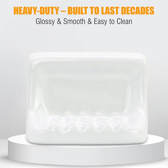 Shower Wall Soap Holder & Ceramic Soap Dish - Fits 4x4 Inch & Any Tile Walls, Heavy-Duty Flat-Back Design with Drainage Slope, No-Slip, Classic White
