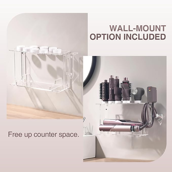 Hair Tool Holder for Dyson Airwrap Attachments, Storage Holder Compatible with Shark FlexStyle FlexFusion, Acrylic Display Rack Countertop Organizer Wall Mount for Hair Stylers, Clear&White