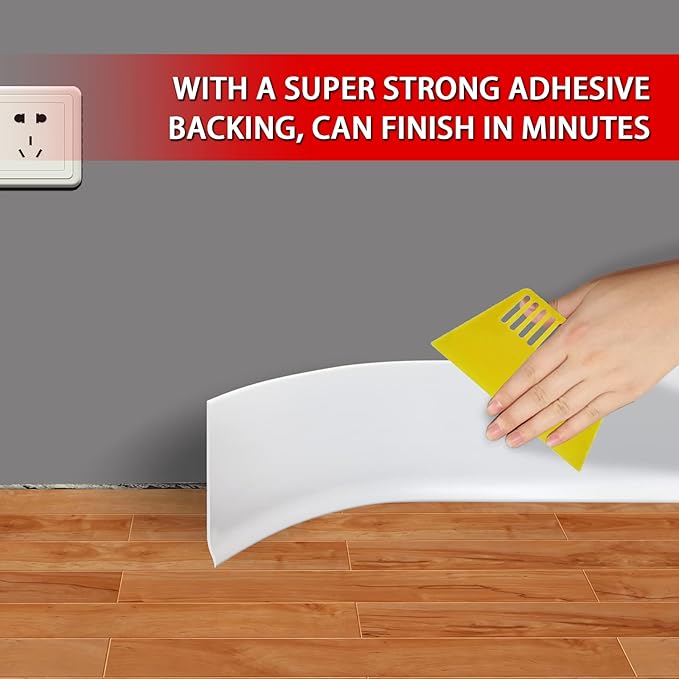 FONUNO Vinyl Wall Base Baseboard Molding Trim 4" Flexible Self Adhesive Rubber Wall Base Moulding Trim Peel and Stick Design, 4 Inch x 200 Feet, White