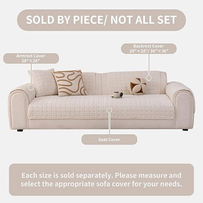 Velvet Sofa Covers Washable, Plush Warm Couch Cover for Sectional Sofa, Funny Fuzzy Couch Covers for Pets&Kids, Non-Slip Sectional Sofa Cover(1PC, Beige White, 35.4"×94.5", Large Sectional)
