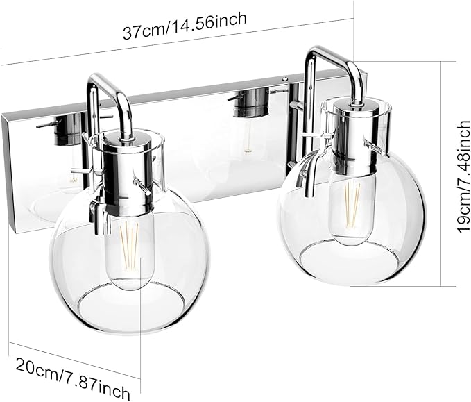 Tipace Chrome Vintage Bathroom Vanity Light,2 Lights Modern Stainless Steel with Globe Clear Glass Bathroom Light Fixtures Industrial Wall Mount Lighting Sconce(Exclude Bulb)