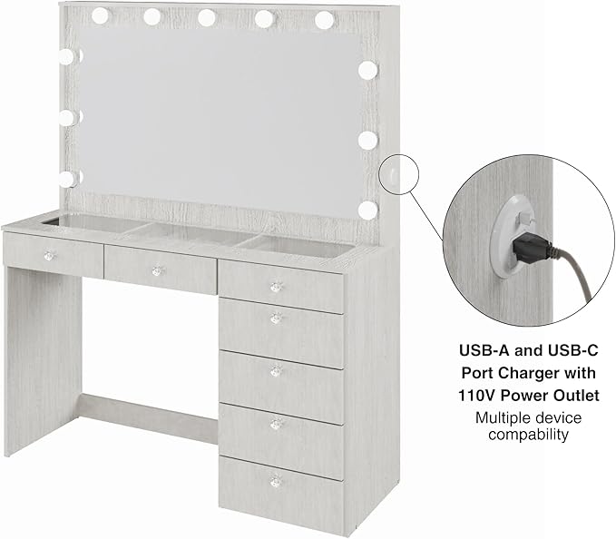 Boahaus Serena White Makeup Vanity with Mirror and 11 Lights, 7 Drawers, Glass Top, Crystal Knobs, USB-A & USB-C Ports, 110V Power Outlet, Bedroom Vanity Desk (Grey-1)