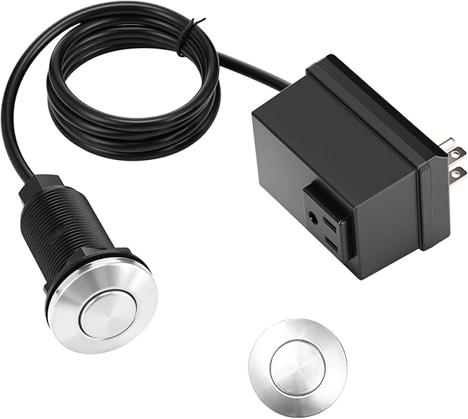 Garbage Disposal Air Switch Kit Wireless Sink Top Garbage Disposal Button Stainless Steel/On/Off Waterproof Button Kit with Long Switch Matte UL Listed(Single Outlet,Silver,Short Size)