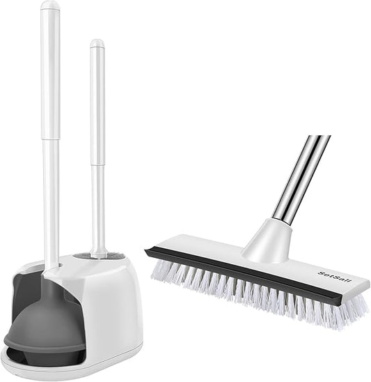 SetSail Toilet Brush and Plunger Set, Toilet Plungers for Bathroom Heavy Duty Toilet Bowl Brush and Holder+Floor Scrub Brush with 51In Long Adjustable Handle 2 in1 Scrape Brush for Shower Bathroom Tub