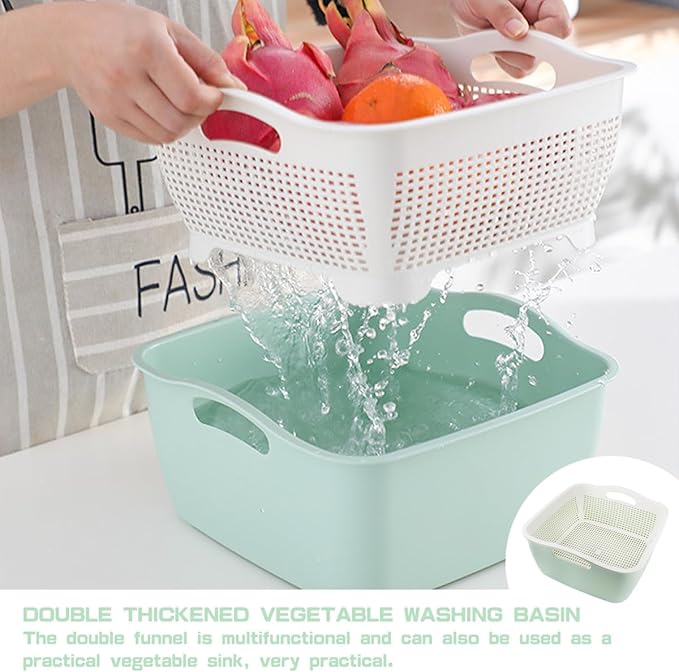 Double-layer Draining Basket Plastic Fruits & Vegetable Wash & Drain Basket, Multi-layer Stackable for Kitchen (Green)
