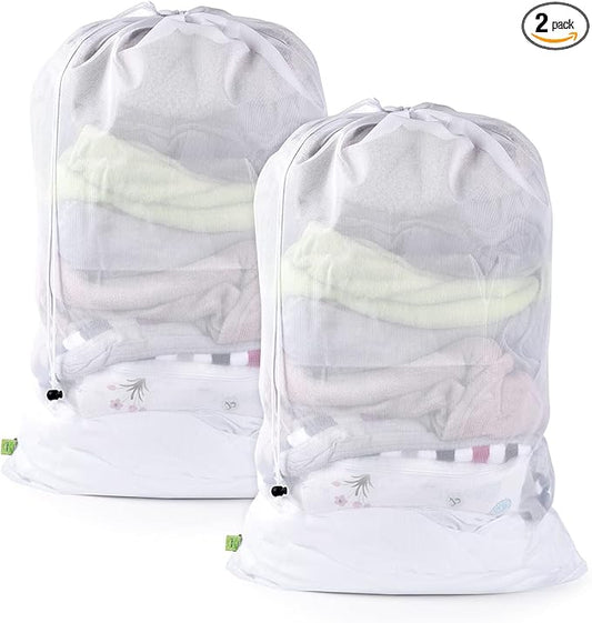OTraki 2 Pcs Large Mesh Laundry Bags 24X36 Inch Heavy Duty Drawstring Laundry Wash Bag,Laundry Hamper Liner Machine Washable Storage Bag for Travel Hotel Beach Don't Drying, Melting 140-176℉ White